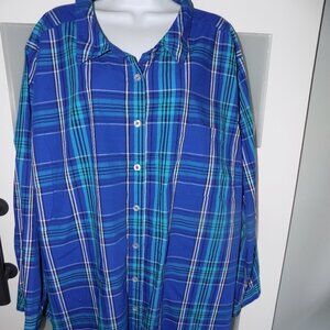 Woman Within Blue Plaid Button Down Shirt Plus LS Shirt Size 4X Women's
